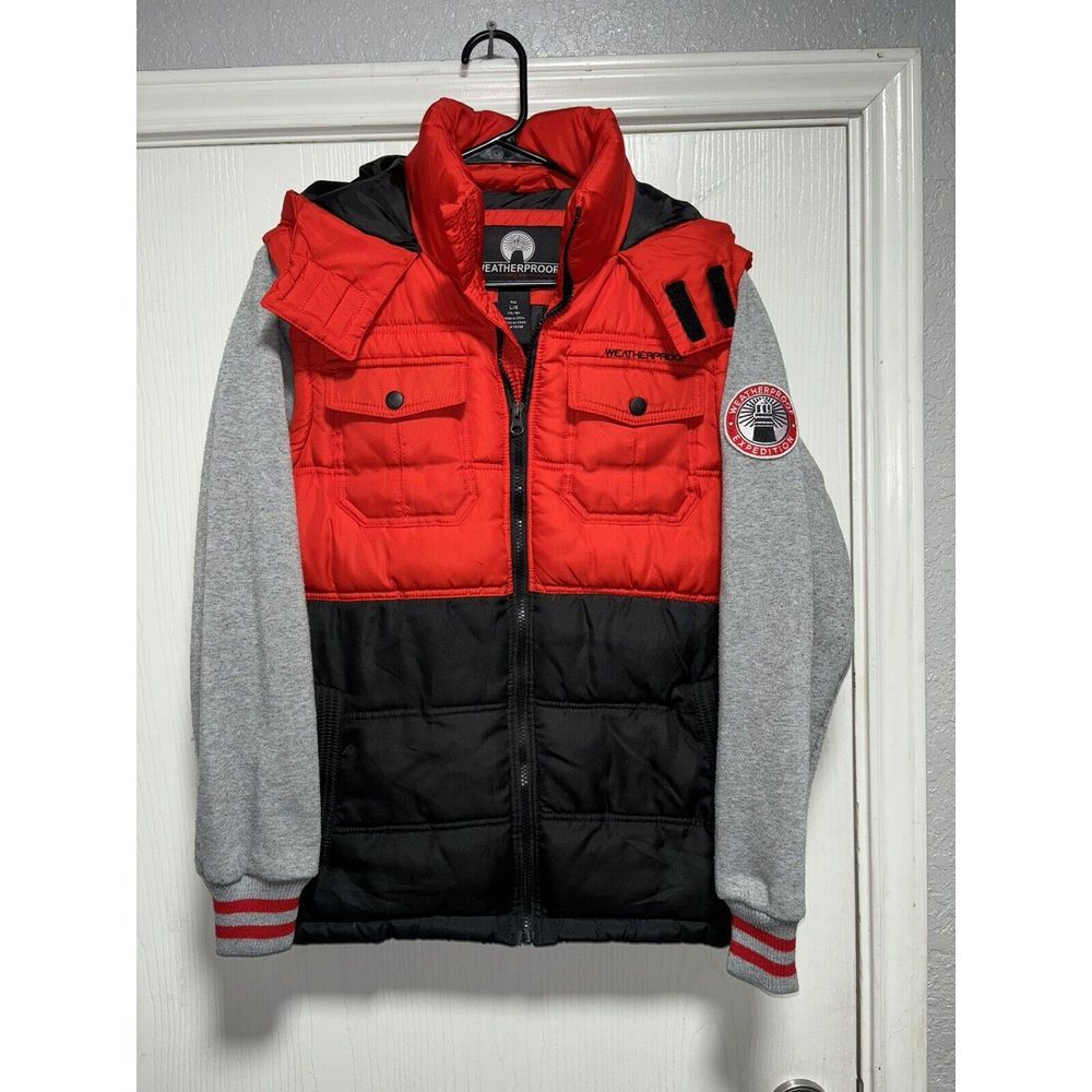Weatherproof Large 14/16 Warm Hooded Puffy Coat Vest‎ Jacket Pockets Patch Hood